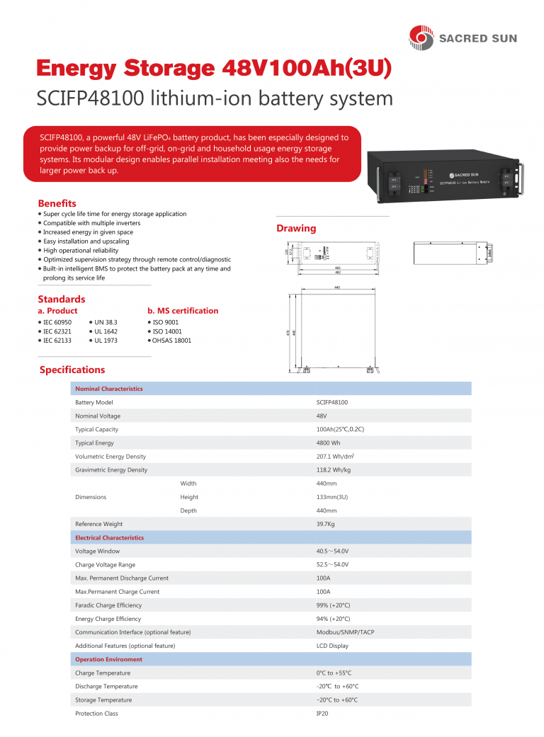 Sacred Sun Energy Storage 48V100Ah(3U) SCIFP48100 Lithiumion Battery System IHT Smart Technology